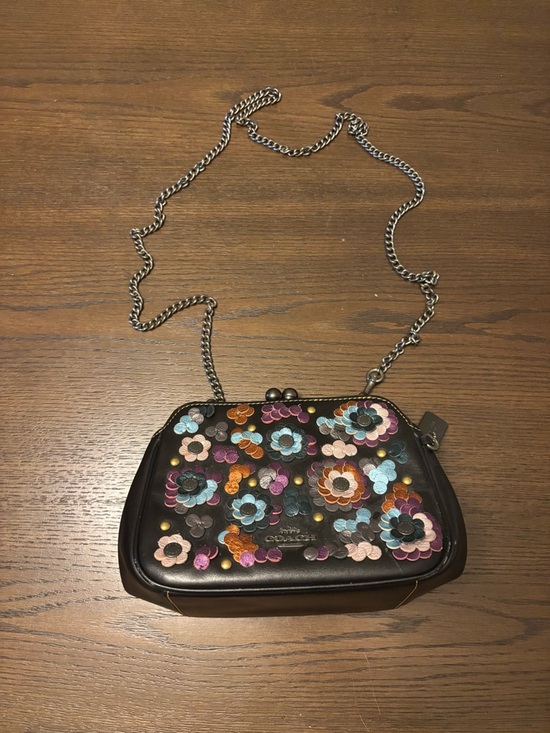 Coach Handbags - Coach Black Leather Floral Appliqué Crossbody with Chain Strap